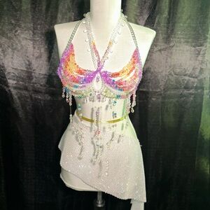 Rainbow Crystal Beaded Halter Top Festival Rave Burning Man Crop
